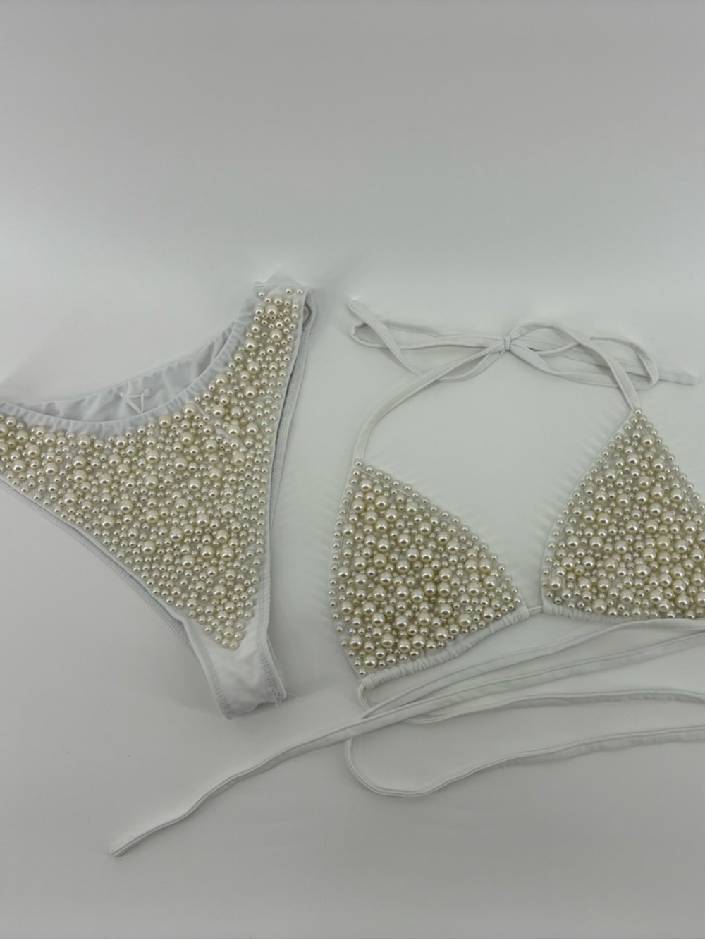 White Pearl-Embellished Triangle Bikini Top & Bottom Competition Wedding Set